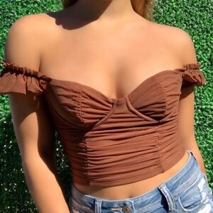 Tic Toc | Size M | Brown Off-the-Shoulder Peasant Bustier Crop Top